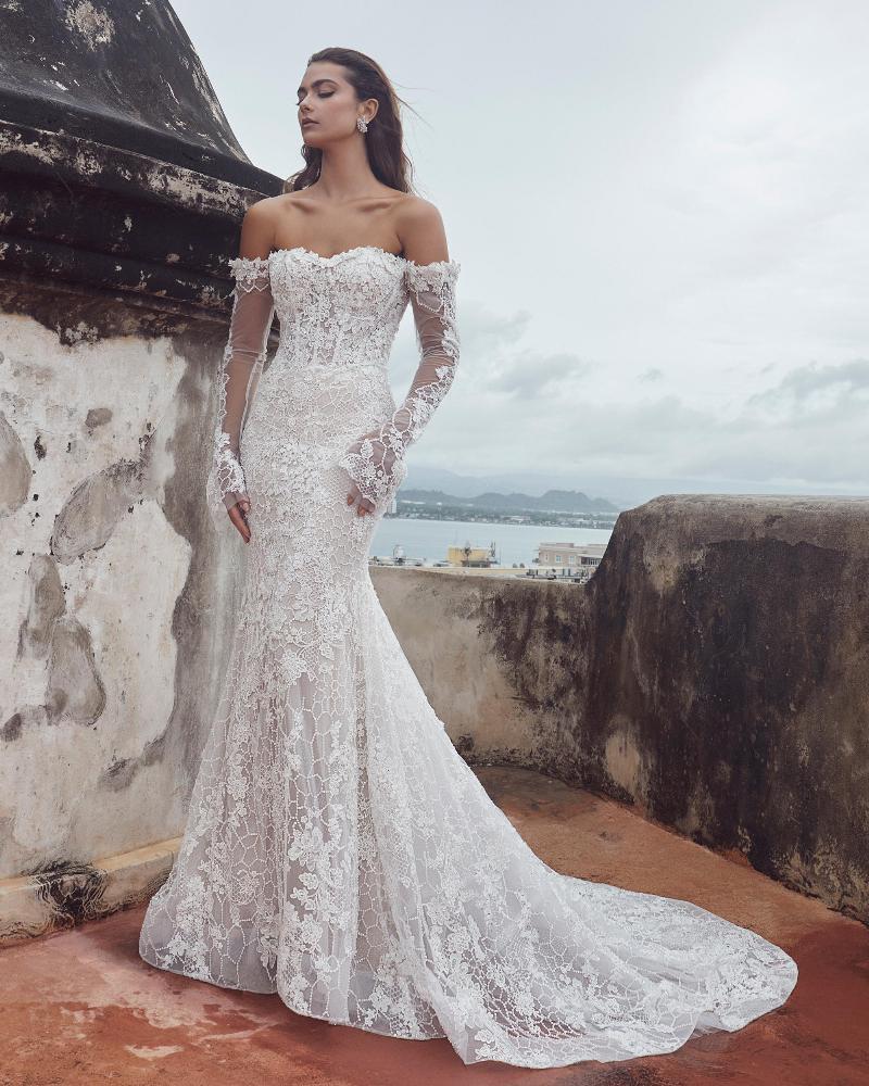 123110 off the shoulder wedding dress with sleeves and lace2